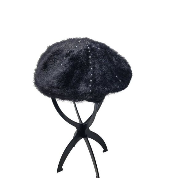 Sole‎ Society Fuzzy Eyelash Black Beret Gunmetal Studded Hat Military City Glam main image 8